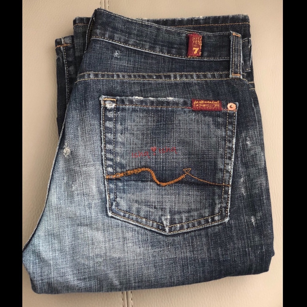 7 For All Mankind Jeans Bootcut Dark Wash Distress - Picture 5 of 8